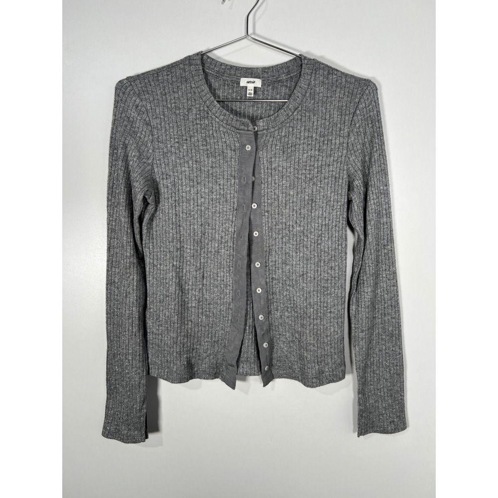 Aerie Gray Metallic Ribbed Knit Button Front Cardigan Sweater Casual Medium